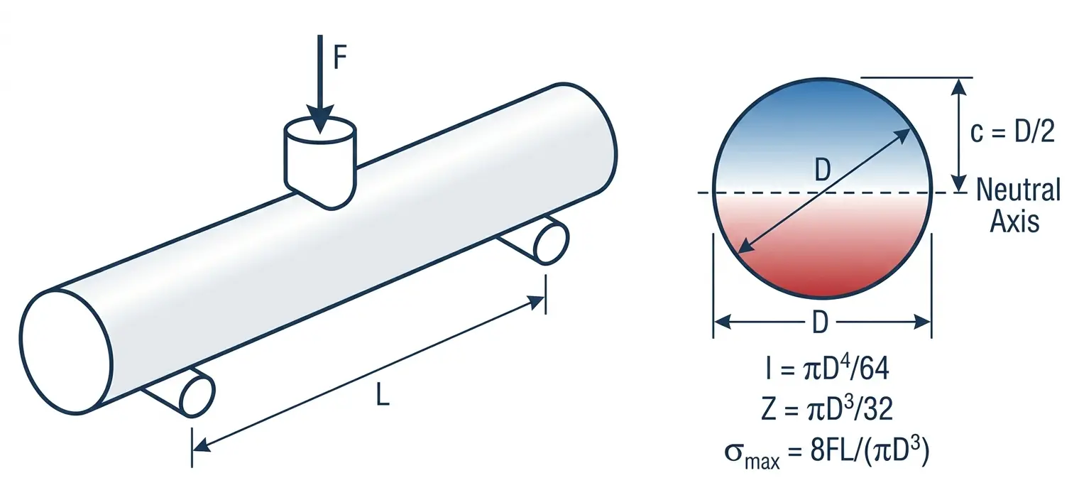 3-point bending test cylinder rod cross-section showing neutral axis, diameter D, second moment of area pi D4 over 64, stress distribution from compressive top to tensile bottom