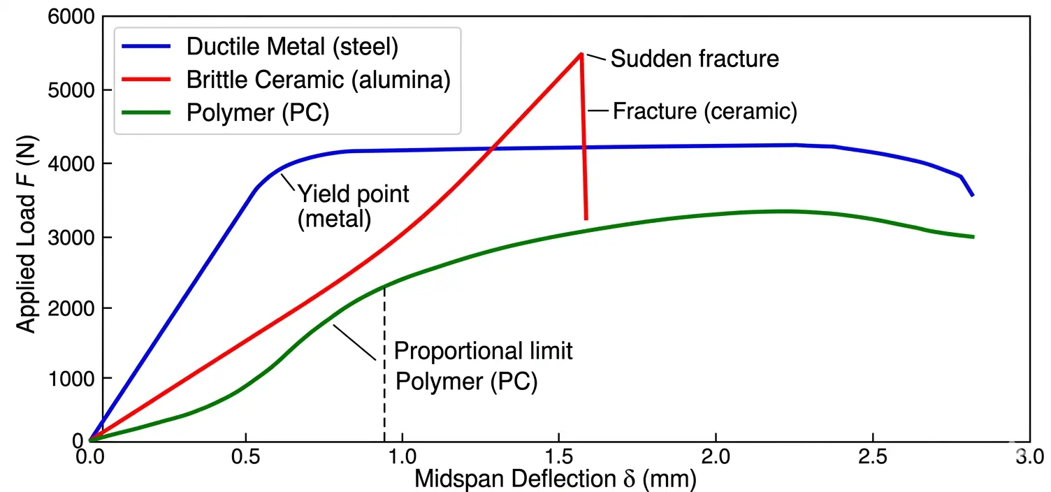 3-point bending test load-deflection curves for ductile metal, brittle ceramic, and polymer specimens showing different failure modes and P-delta curve shapes