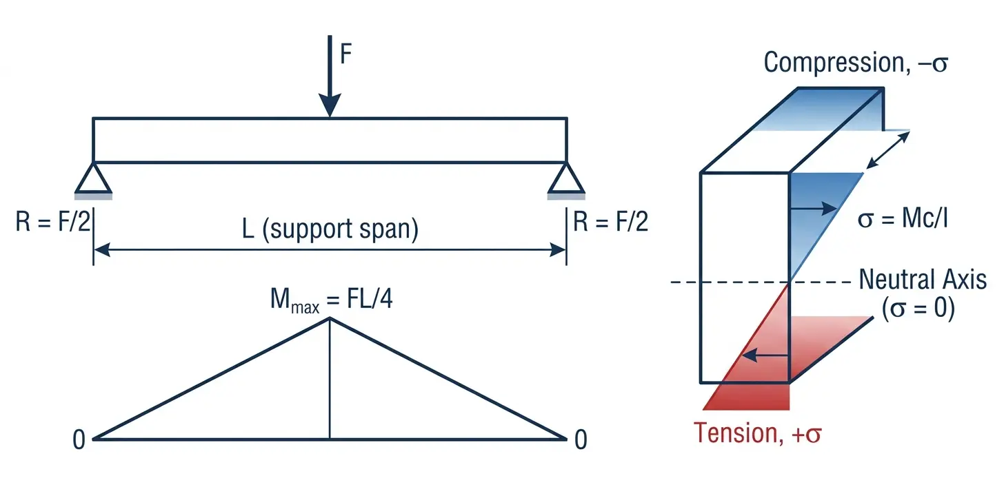 3-point bending test stress distribution diagram showing triangular bending moment diagram, linear stress distribution across beam depth with compression on top and tension on bottom