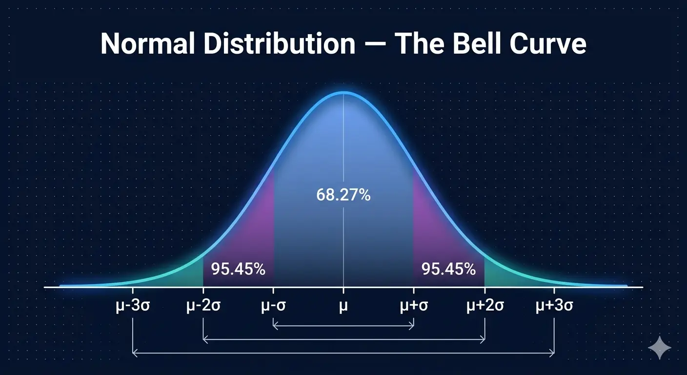 Bell curve normal distribution diagram showing mean μ, standard deviation σ bands ±1σ ±2σ ±3σ and cumulative area percentages 68.27% 95.45% 99.73%
