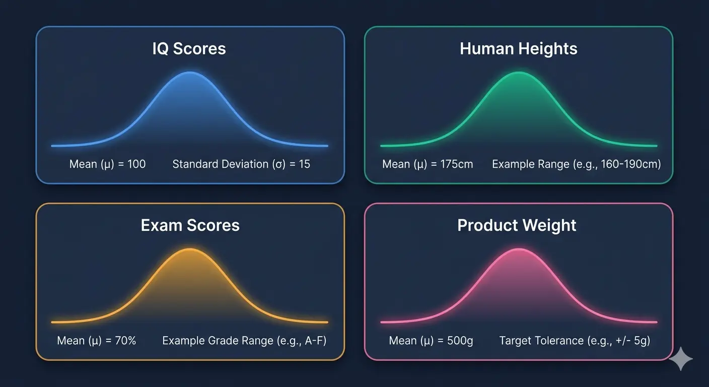 Four panel infographic showing bell curves for IQ scores human heights exam marks and product weights as real world normal distribution examples