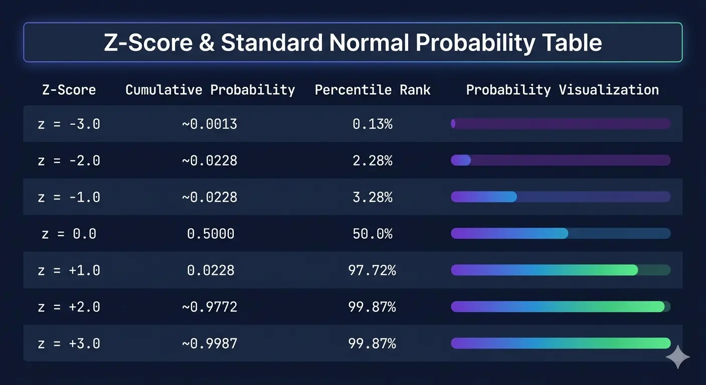 Z-score reference table showing cumulative probability P(Z less than z) and percentile for standard normal distribution from z=-3 to z=+3