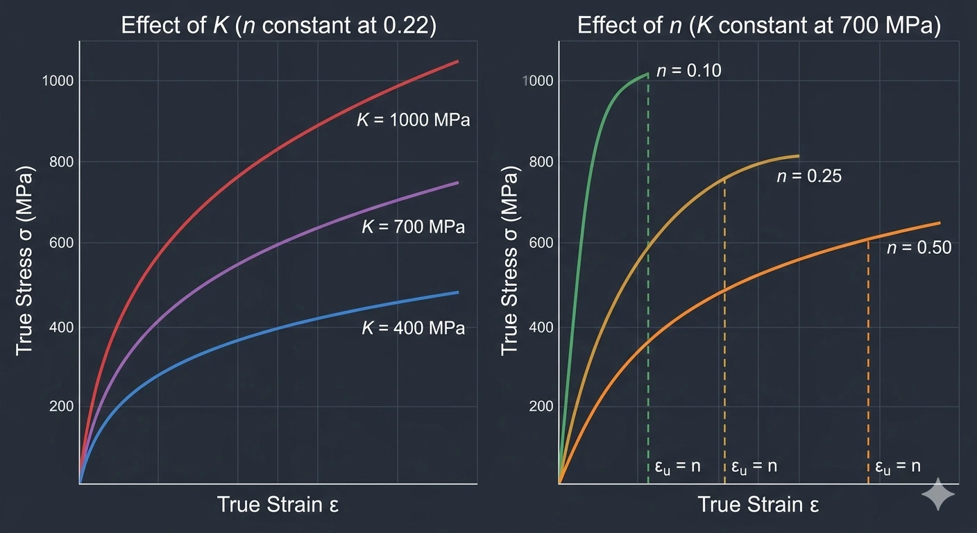 Graph showing effect of varying K and n on Hollomon power law stress strain curve - higher K shifts curve up, higher n increases slope and uniform elongation