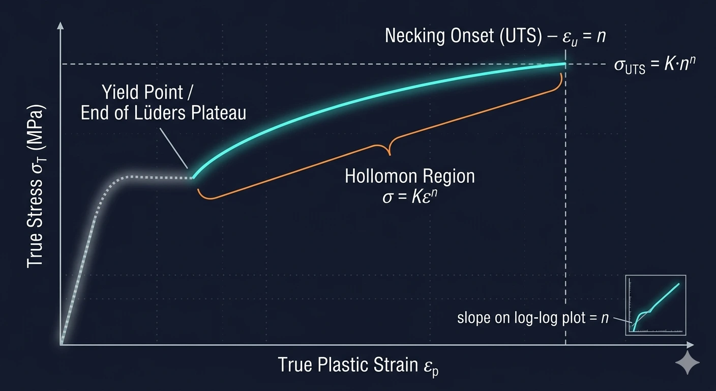 True stress true strain curve showing Hollomon power law region between yield point and necking onset UTS with K and n labelled