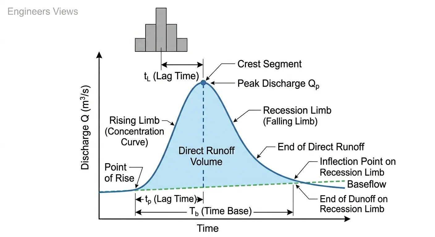 Detailed labelled diagram of a flood hydrograph components: rising limb, crest segment, recession limb, peak discharge Qp, time to peak Tp, lag time tL, time base Tb, baseflow, and direct runoff volume shaded between the hydrograph and baseflow separation line