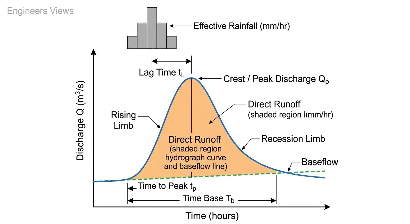 Annotated flood hydrograph showing rainfall burst, rising limb, peak discharge, recession limb, baseflow separation and time parameters on a river catchment