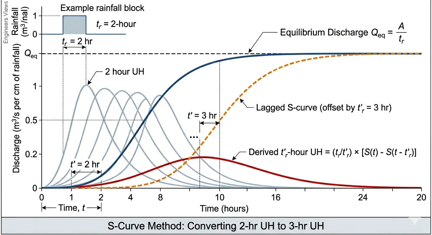 S-curve hydrograph derivation diagram showing: original 2-hour unit hydrograph ordinates, the summed S-curve reaching equilibrium discharge Qeq, the lagged S-curve offset by desired duration t-prime, and the resulting derived 3-hour unit hydrograph obtained by subtracting and scaling