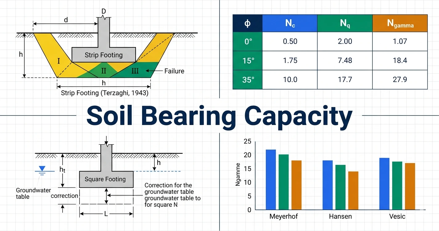 Soil bearing capacity overview – Terzaghi Meyerhof Hansen Vesic theories comparison