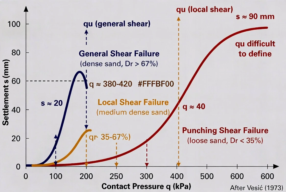 Load-settlement curves for three shear failure modes general shear local shear and punching shear showing different curve shapes