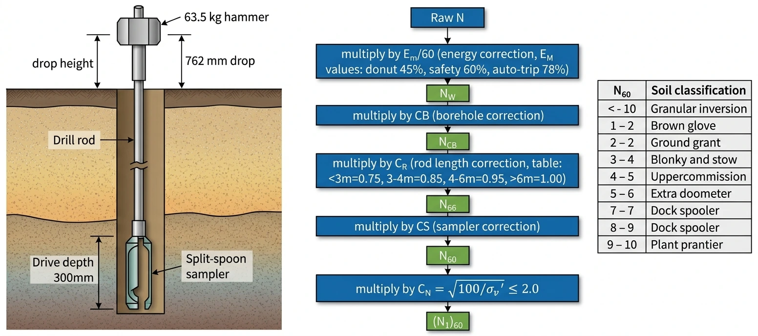 Standard Penetration Test SPT setup showing split-spoon sampler borehole hammer and correction factors N60 N160