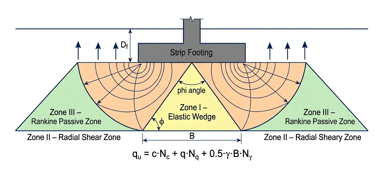 Terzaghi bearing capacity failure mechanism showing Zone I elastic wedge Zone II radial shear and Zone III Rankine passive zone beneath a strip footing